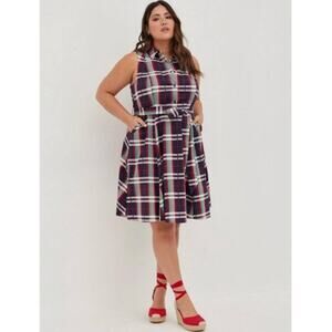 TORRID Poplin Sleeveless Plaid Navy/Red Collared Shirt Dress